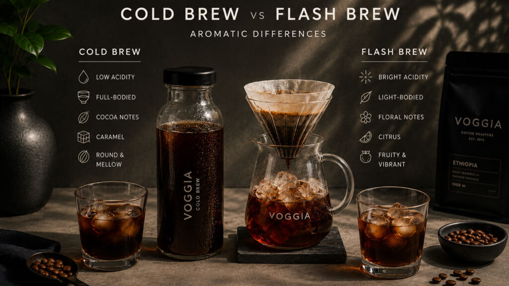 Specialty coffee scene showing the aromatic differences between cold brew and flash brew