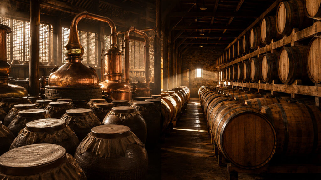 Traditional Chinese baijiu production meeting American whiskey maturation.