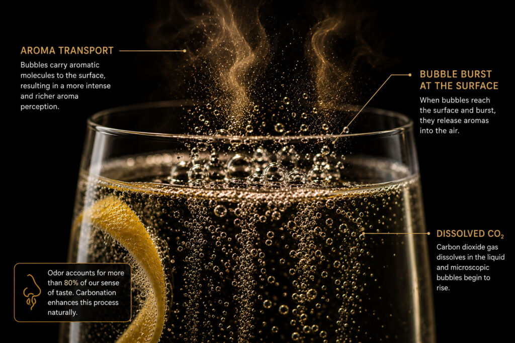 Close-up image showing carbonation bubbles carrying aromas to the surface
