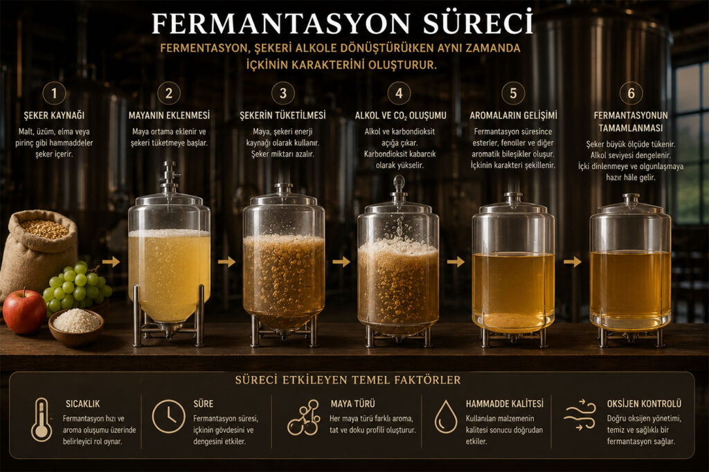 Fermente içki üretiminde fermantasyon süreci.
