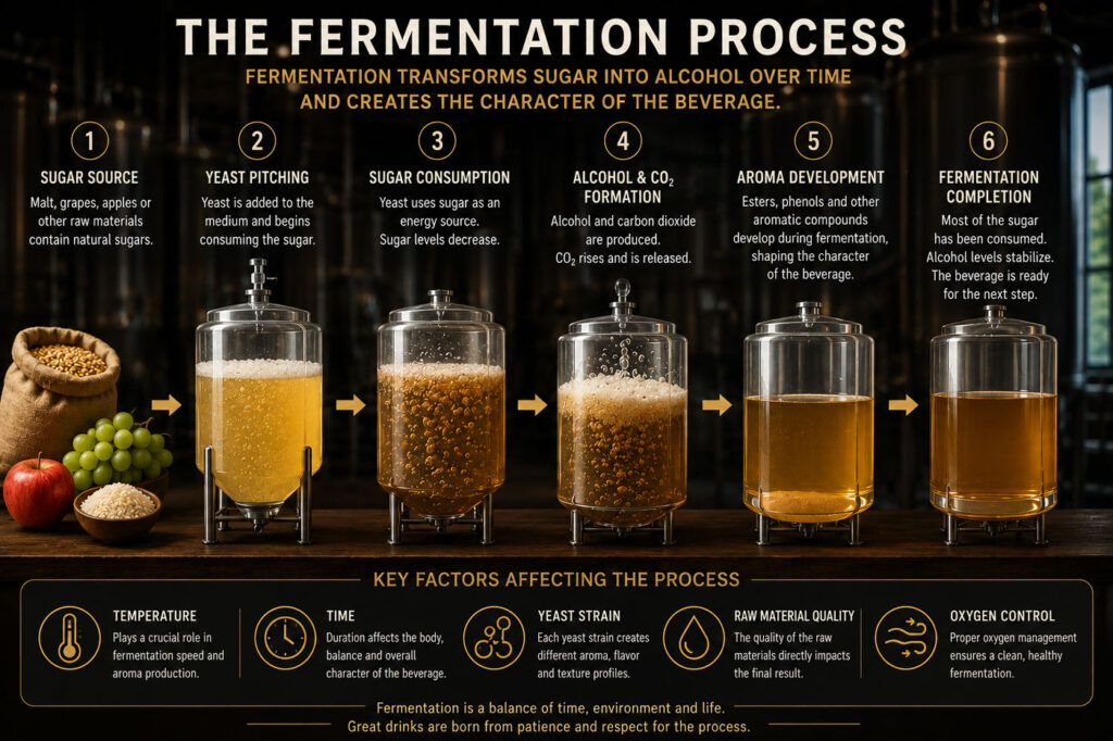 Fermentation process in fermented beverage production.
