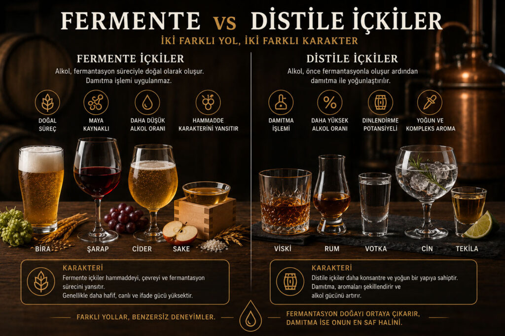 Fermente ve distile içkilerin karşılaştırıldığı sahne.