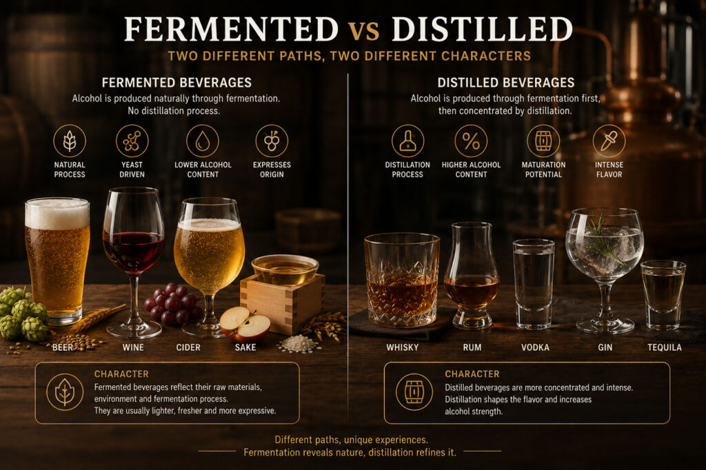 Comparison between fermented and distilled beverages.