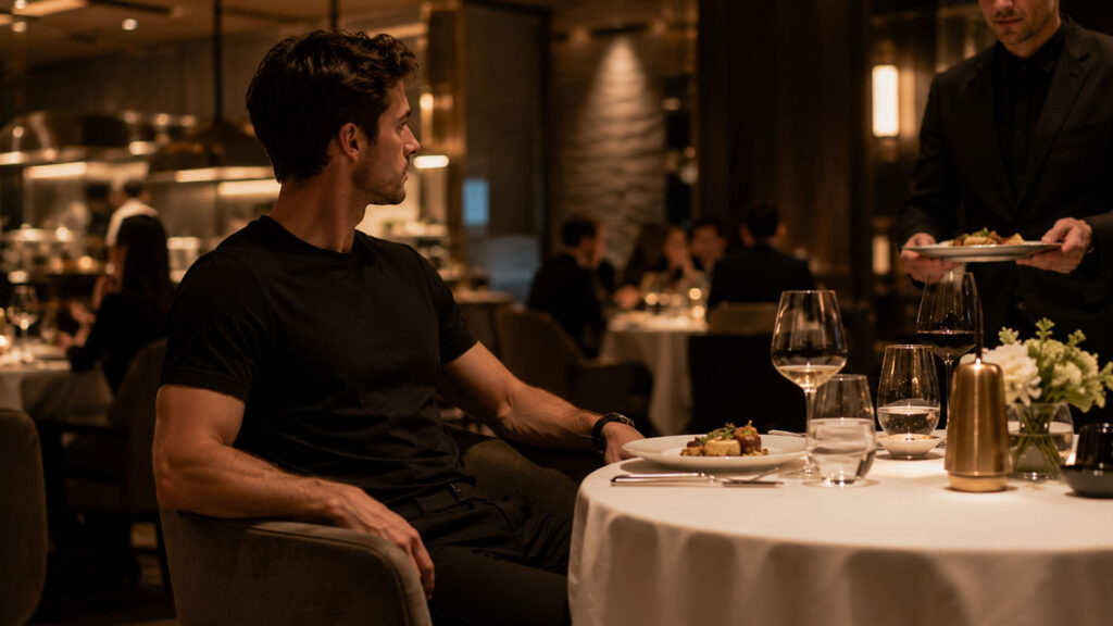Modern fine dining restaurant with a casually dressed guest.