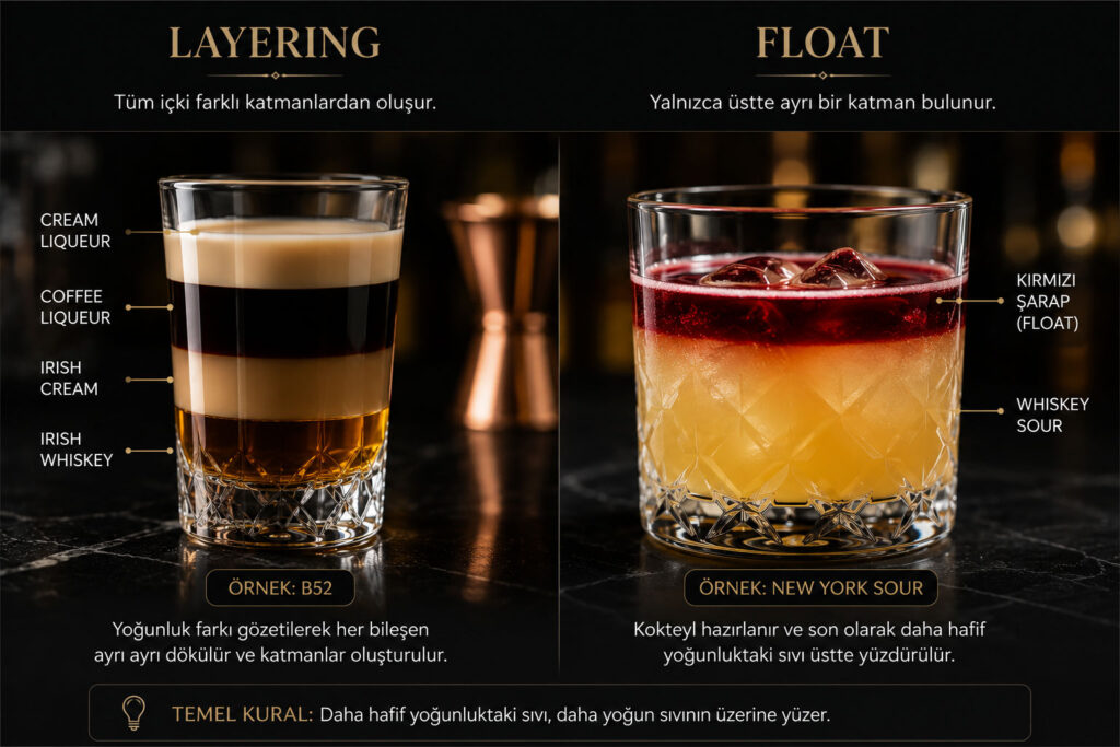 Float ve layering teknikleri arasındaki farkı gösteren kokteyl örnekleri