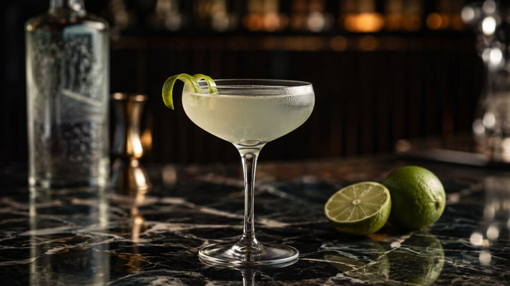 Modern Gimlet cocktail prepared with lime and gin.