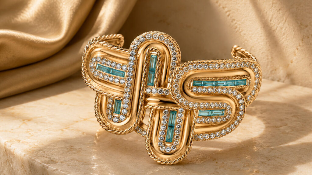 Piaget Gold Swirl pembe altın ve mavi yeşil turmalin manşet bilezik