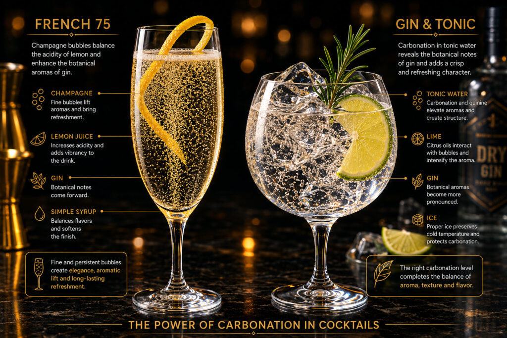 French 75, Gin and Tonic and other sparkling cocktails demonstrating carbonation in mixology