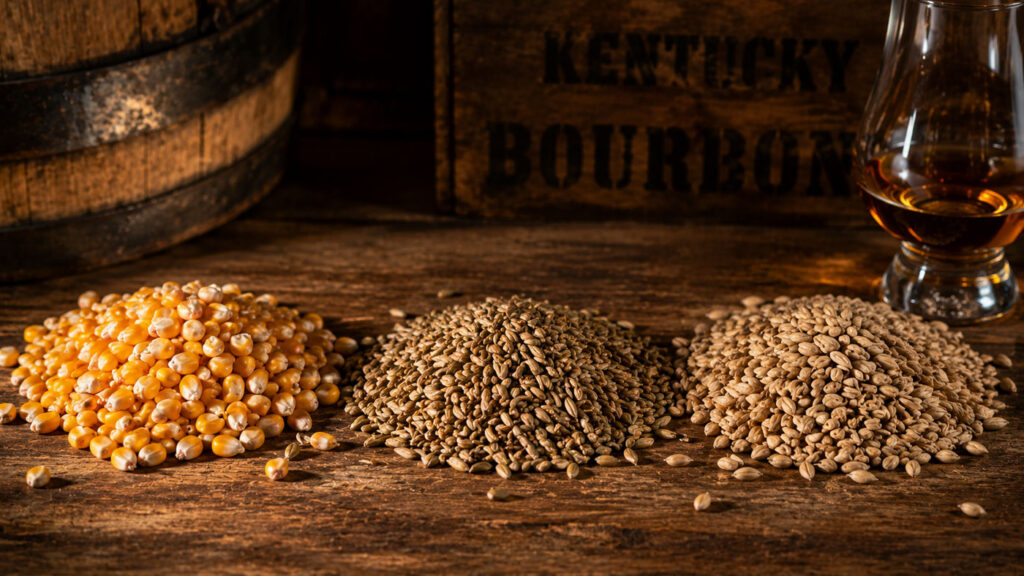 Corn, rye and malted barley used in a traditional bourbon mash bill.